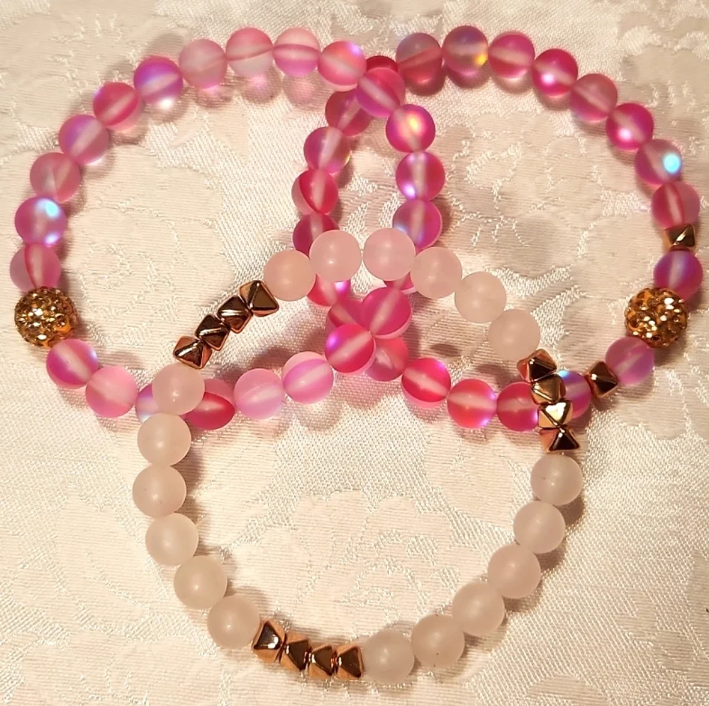 Iridescent Rose Quartz Stretch Bracelets, Set Of 3